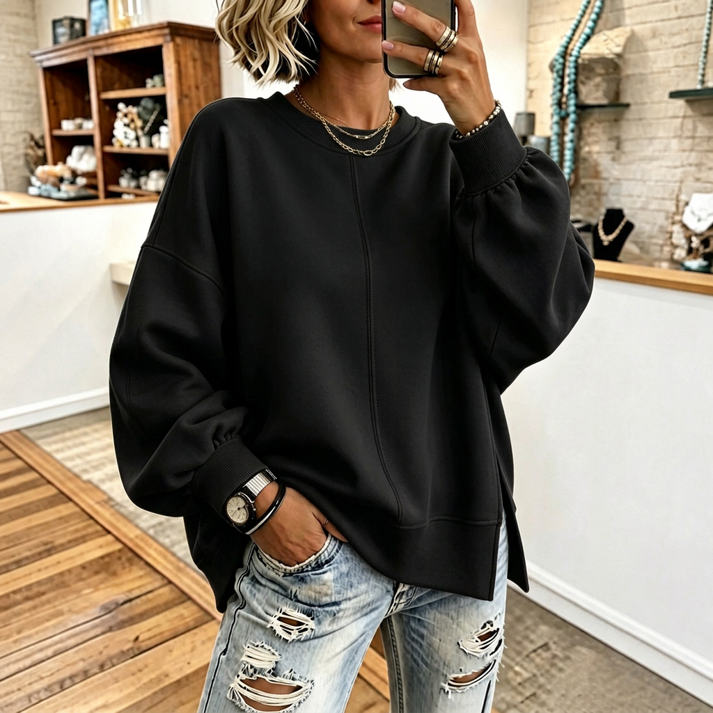 Verdant Ease | Drop Shoulder Side-Slit Sweatshirt