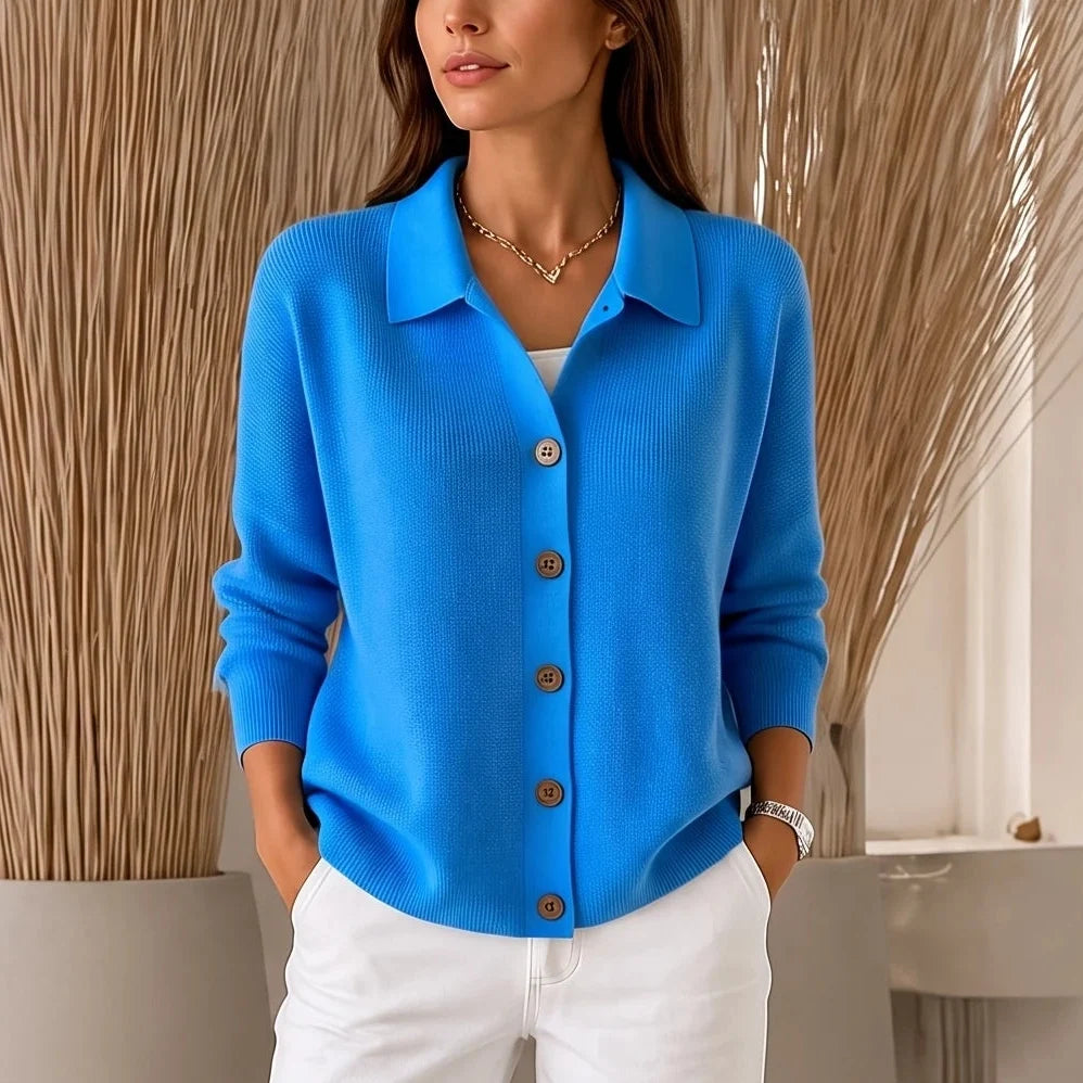 Collara | Turn-Down Collar Contrast-Button Knit Cardigan