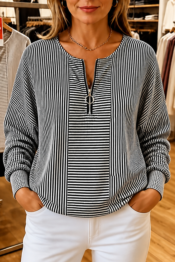 Everline | Striped Long Sleeve Zip-Up Top