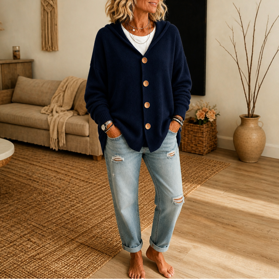 Hoodwell | Hooded Button-Front Knit Cardigan