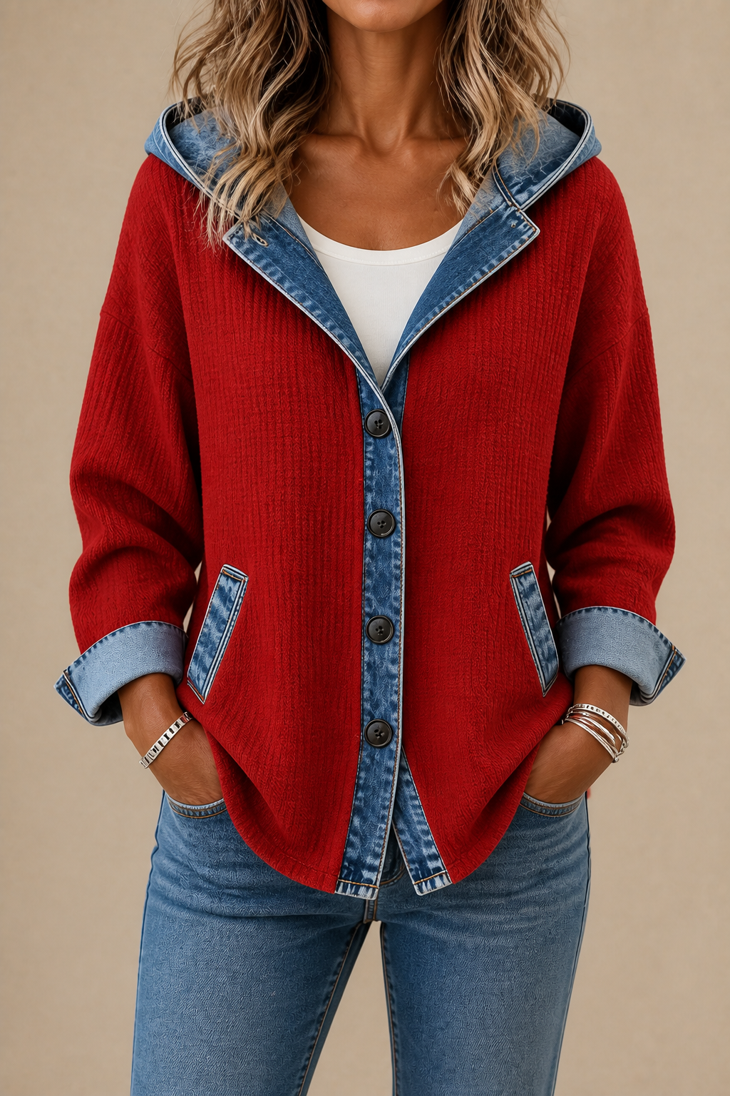 Havelyn | Denim-Trim Hooded Knit Cardigan