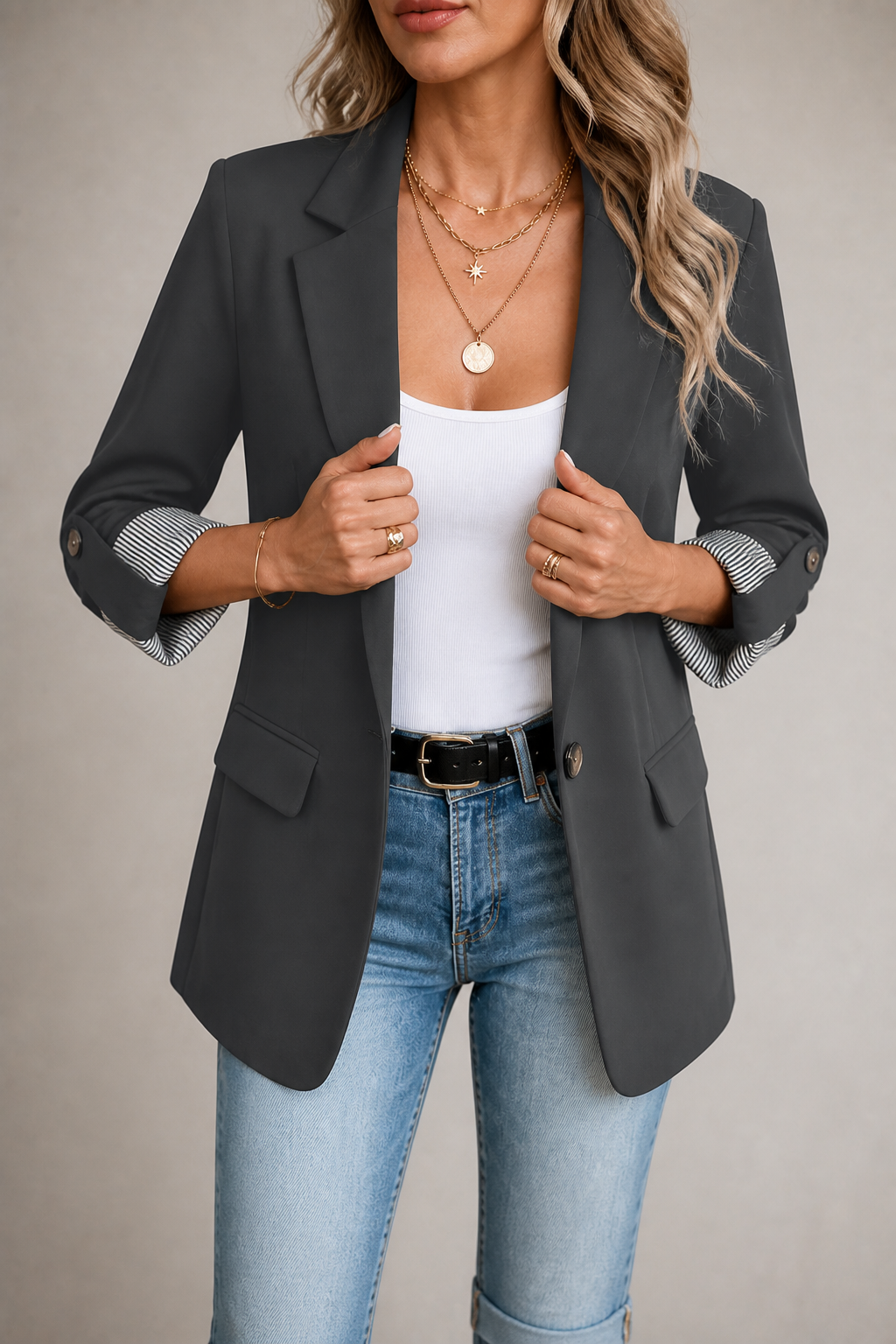 Cuffley | Striped-Cuff Roll-Sleeve Tailored Blazer