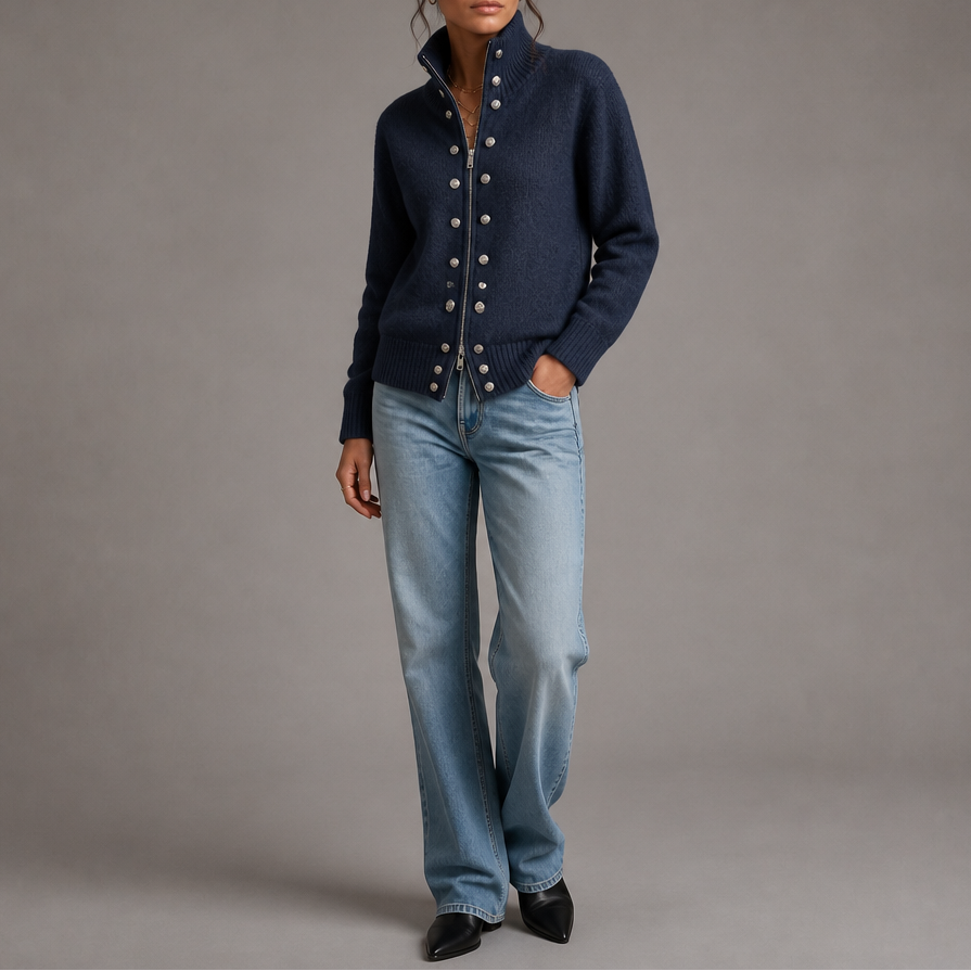 Wearvale | Two-Way Zip High-Neck Knit Cardigan
