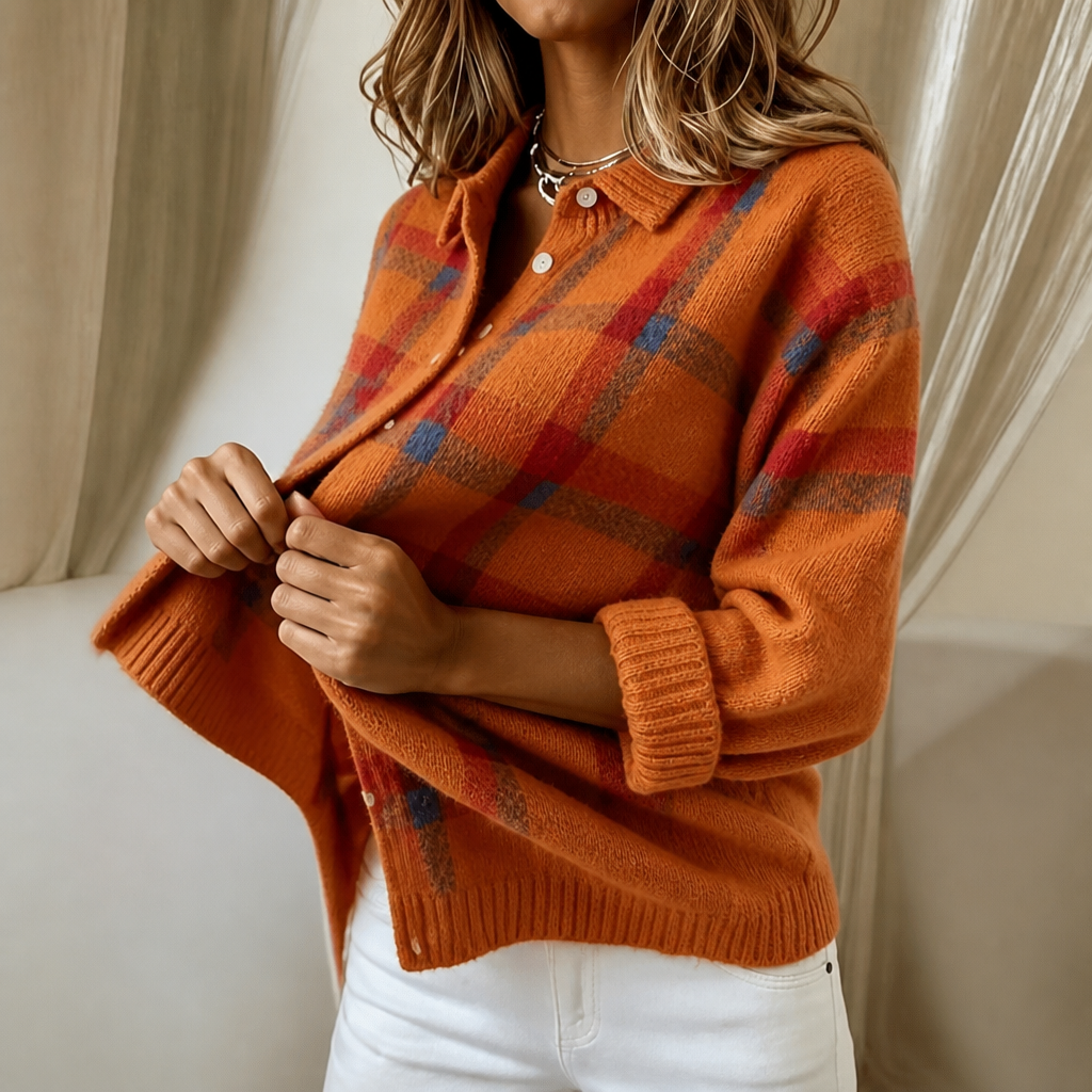 Verawool | Plaid Knit Shirt-Collar Cardigan