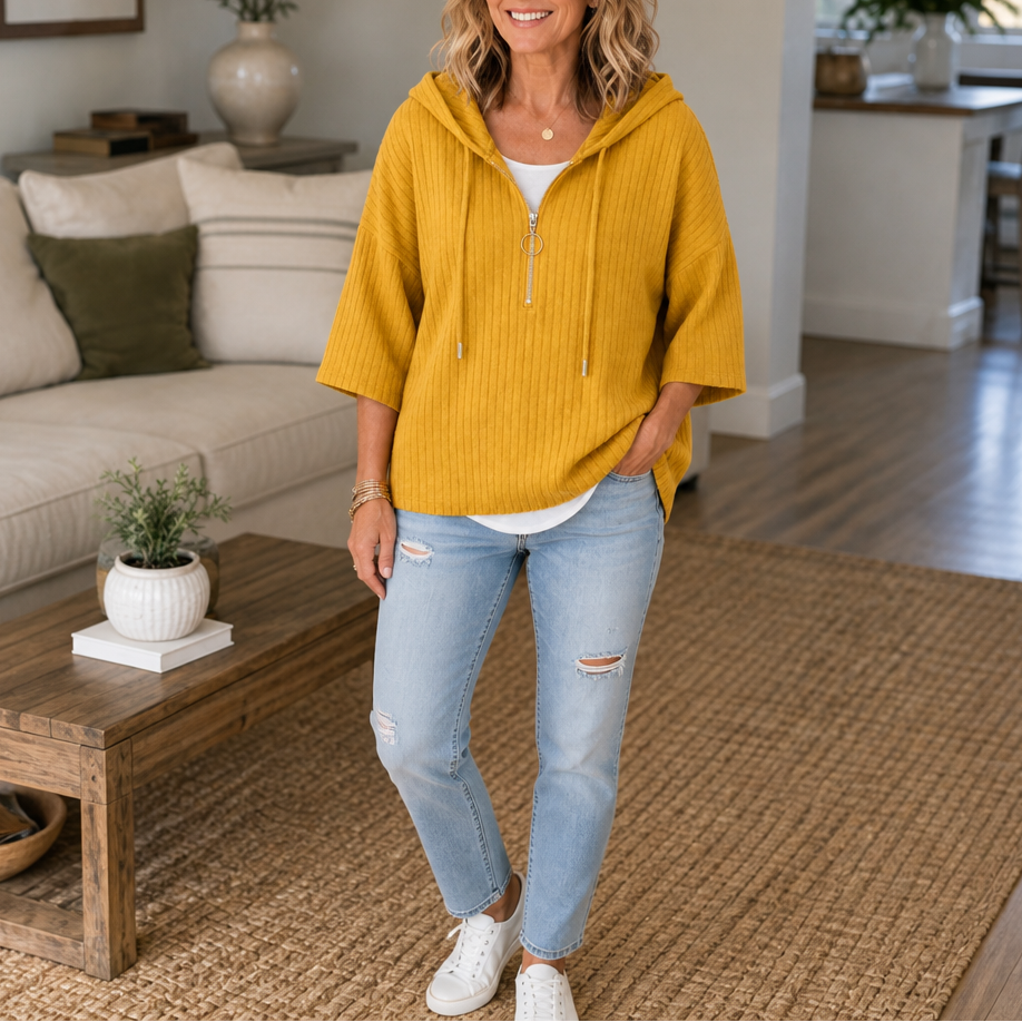 Ribella | Ribbed Half-Zip Hooded Knit Top