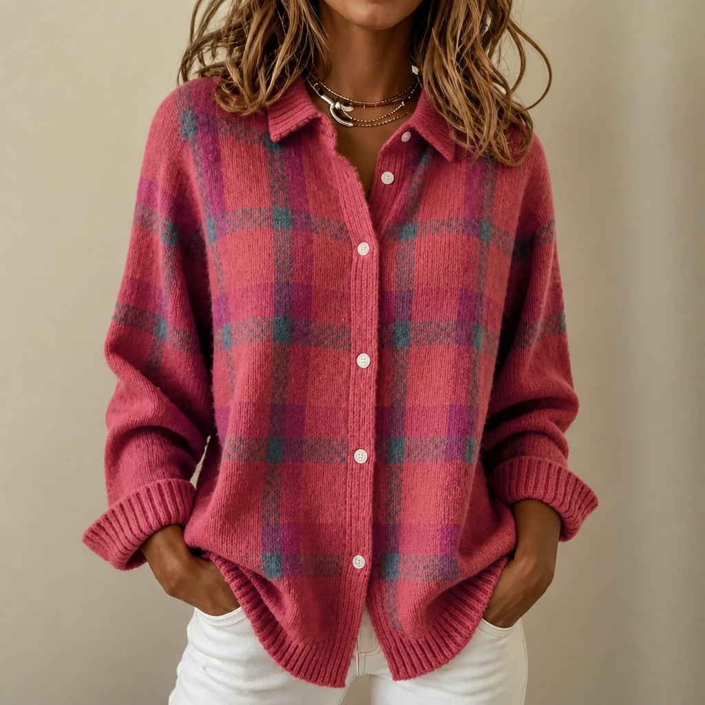 Verawool | Plaid Knit Shirt-Collar Cardigan
