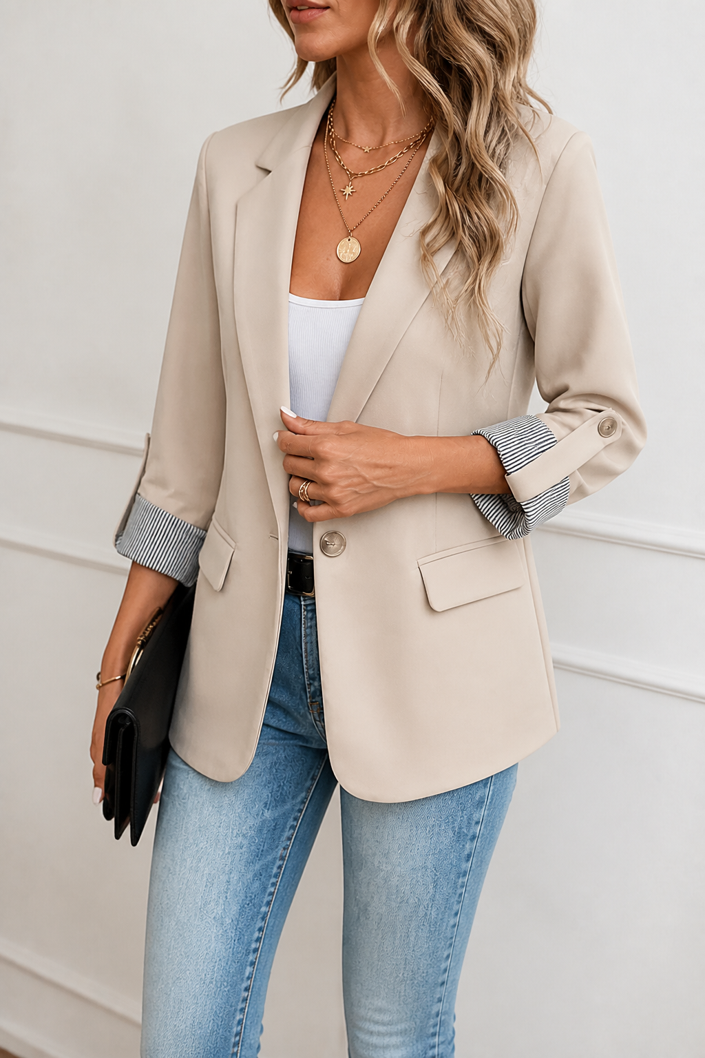 Cuffley | Striped-Cuff Roll-Sleeve Tailored Blazer