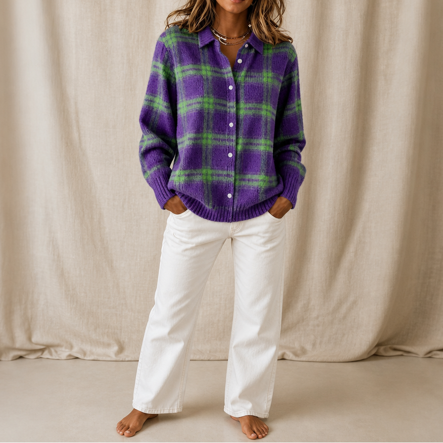 Verawool | Plaid Knit Shirt-Collar Cardigan