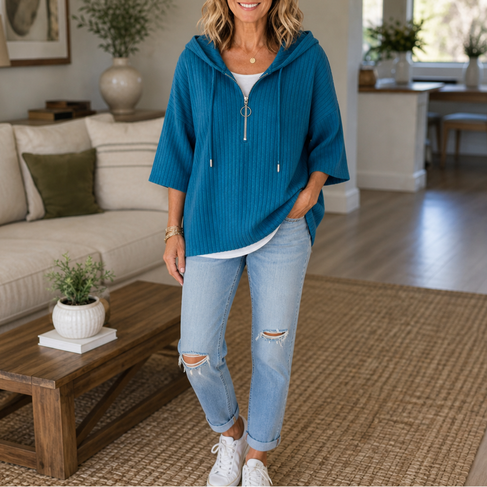 Ribella | Ribbed Half-Zip Hooded Knit Top