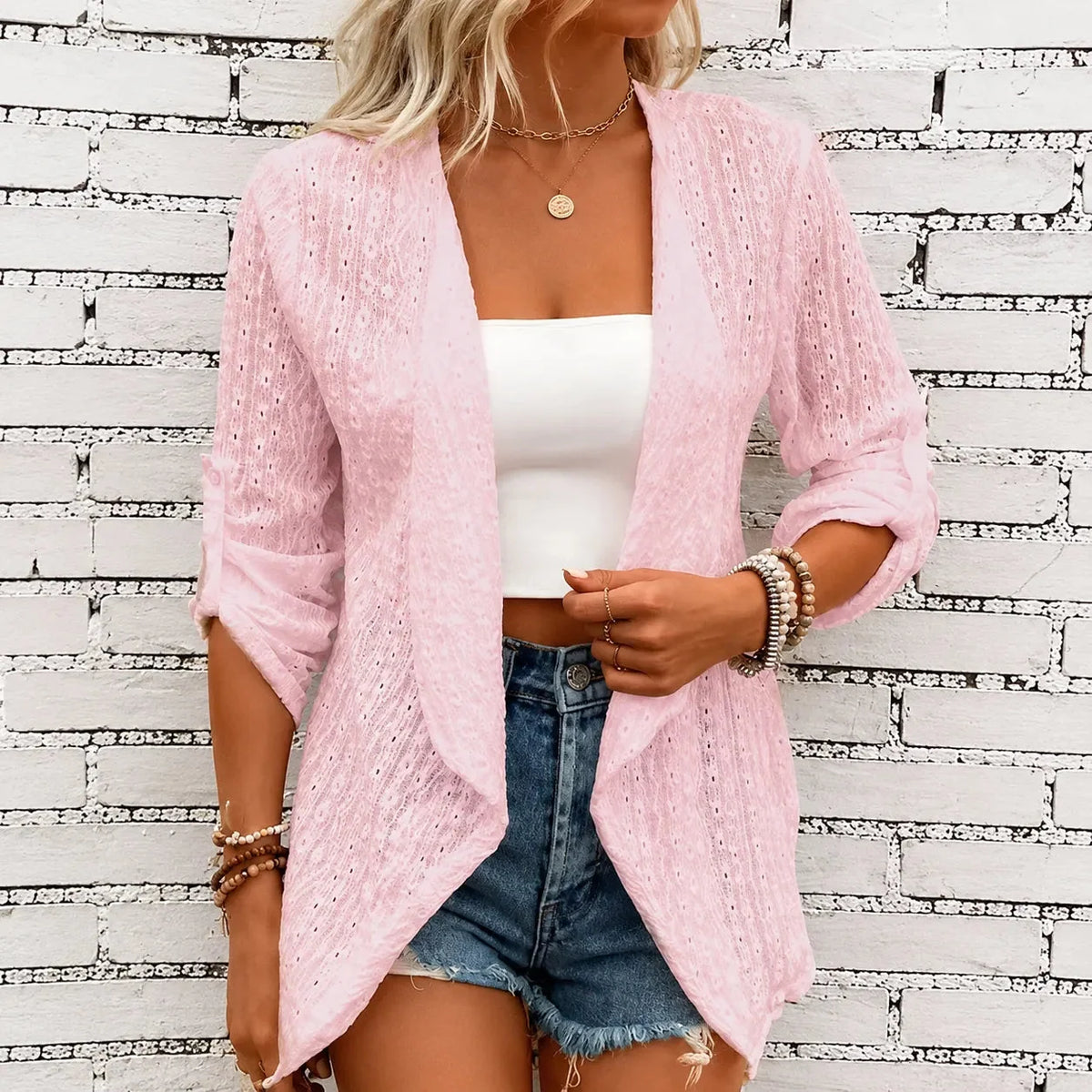 Solelle | Eyelet Waterfall Open-Front Cardigan for Women