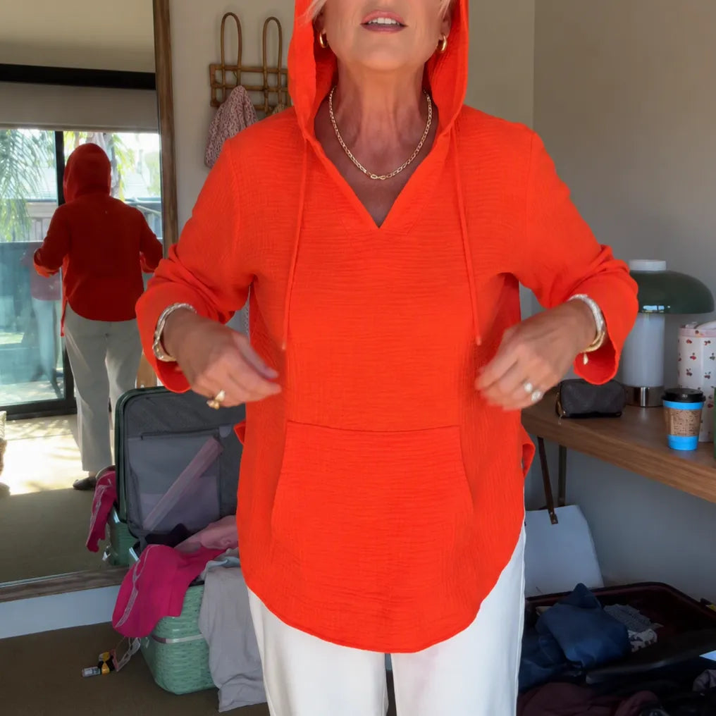 Muslina | Soft V-Neck Hooded Summer Top with Kangaroo Pocket