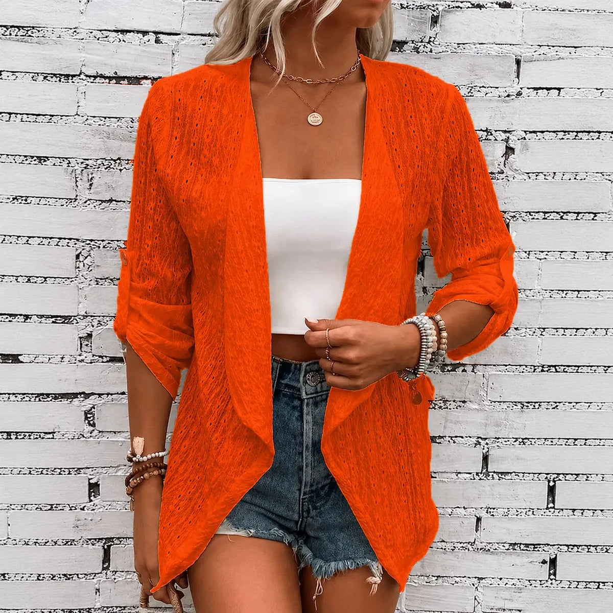 Solelle | Eyelet Waterfall Open-Front Cardigan for Women