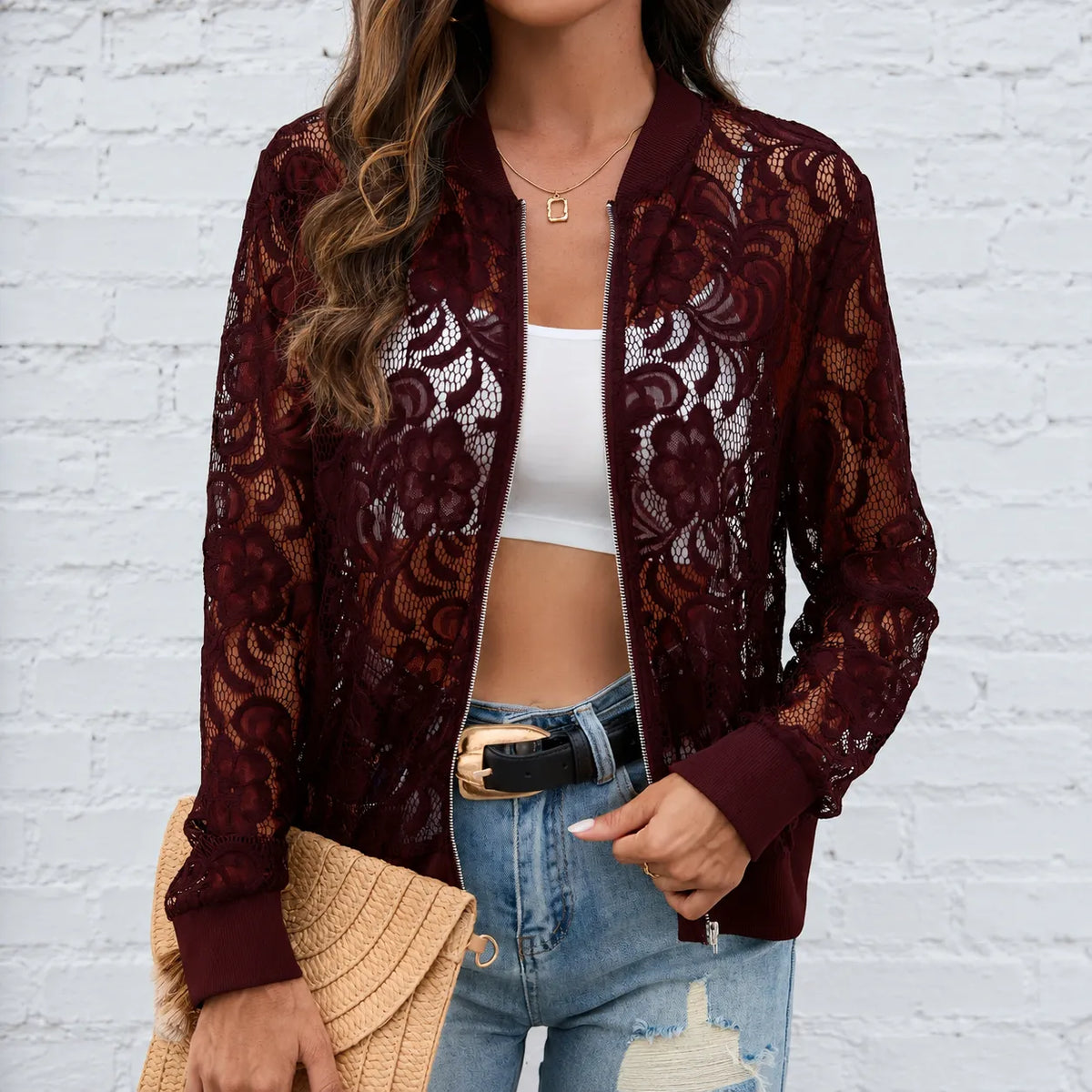 Lacelle | Floral Lace Zip Up Bomber Jacket for Women