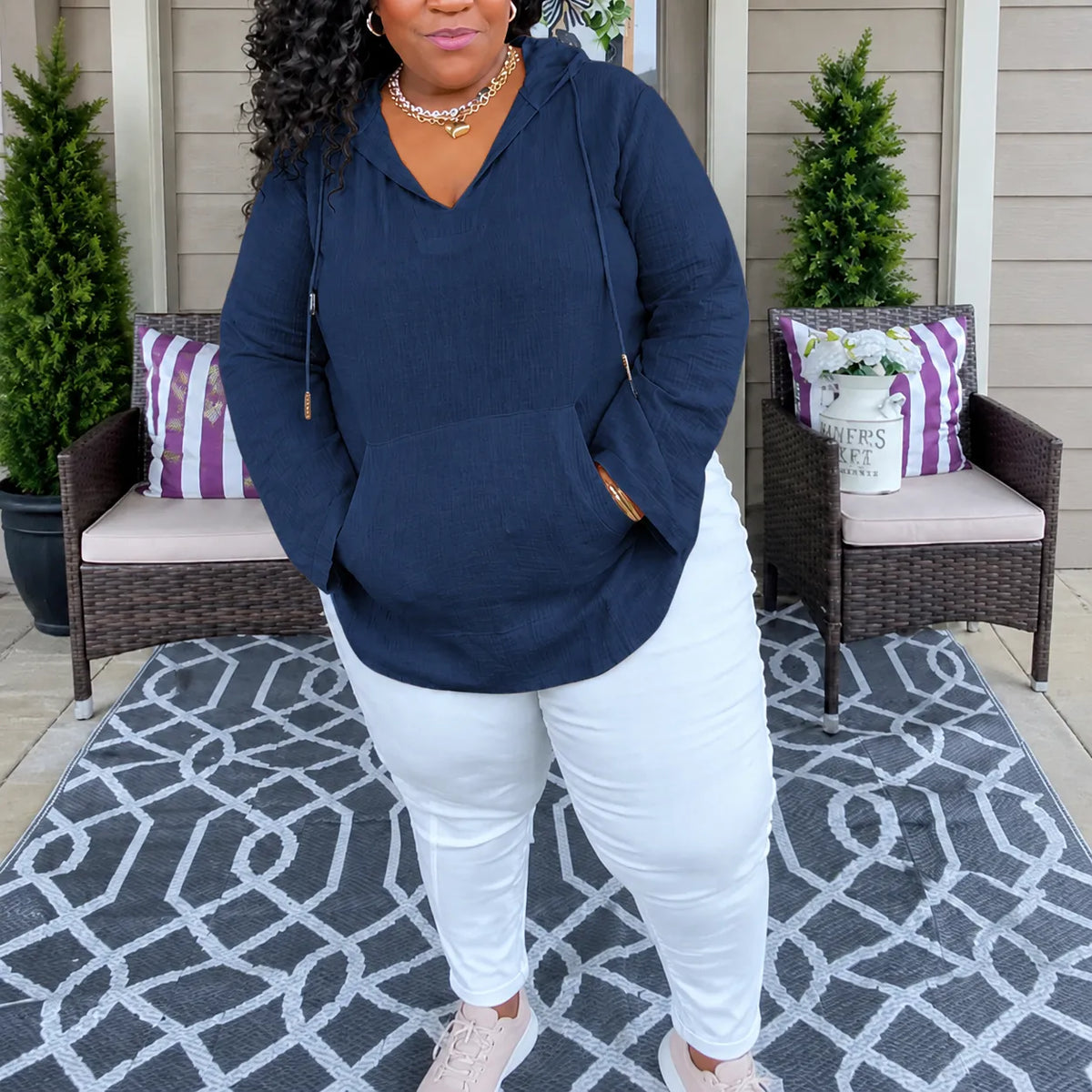 Muslina | Soft V-Neck Hooded Summer Top with Kangaroo Pocket