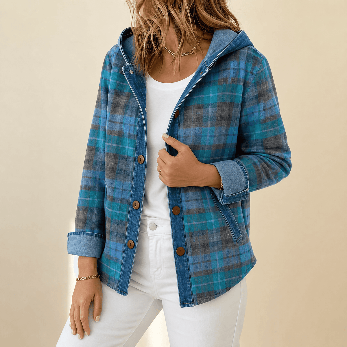 Weslyn | Women’s Contrast Denim Plaid Hooded Jacket