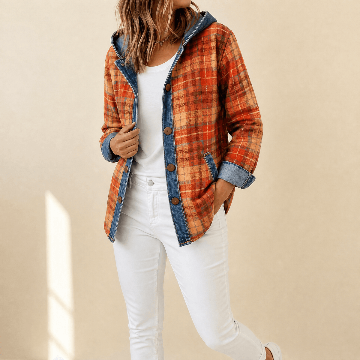 Weslyn | Women’s Contrast Denim Plaid Hooded Jacket